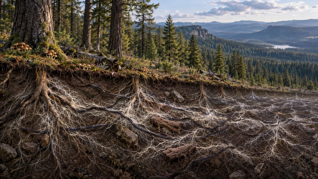 Illustrated forest cutaway showing mushrooms above ground and an extensive fungal network spreading among tree roots below.