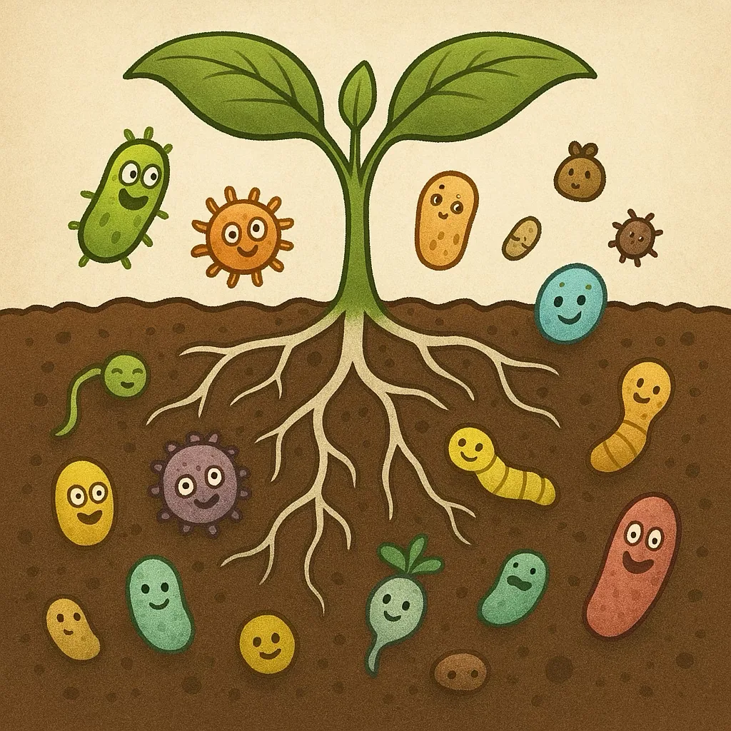 Illustration of a young green plant with exposed roots surrounded by colorful smiling microorganisms above and below the soil.